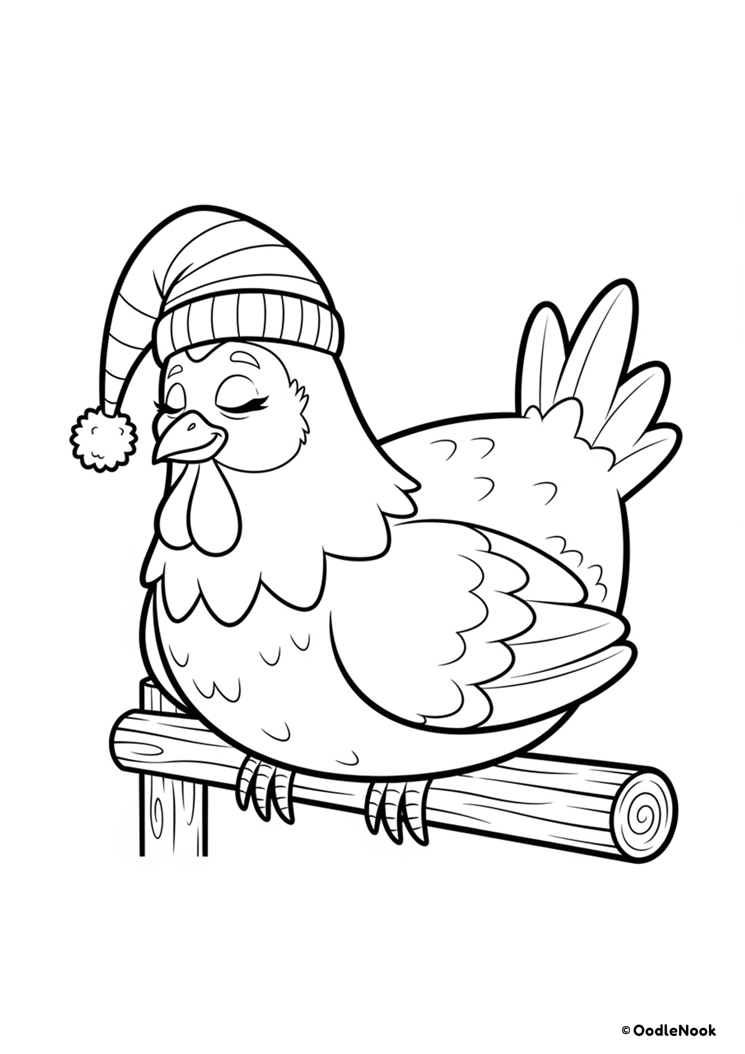 Coloring page of a fluffy chicken perched on a rail and napping, wearing a striped sleep cap.