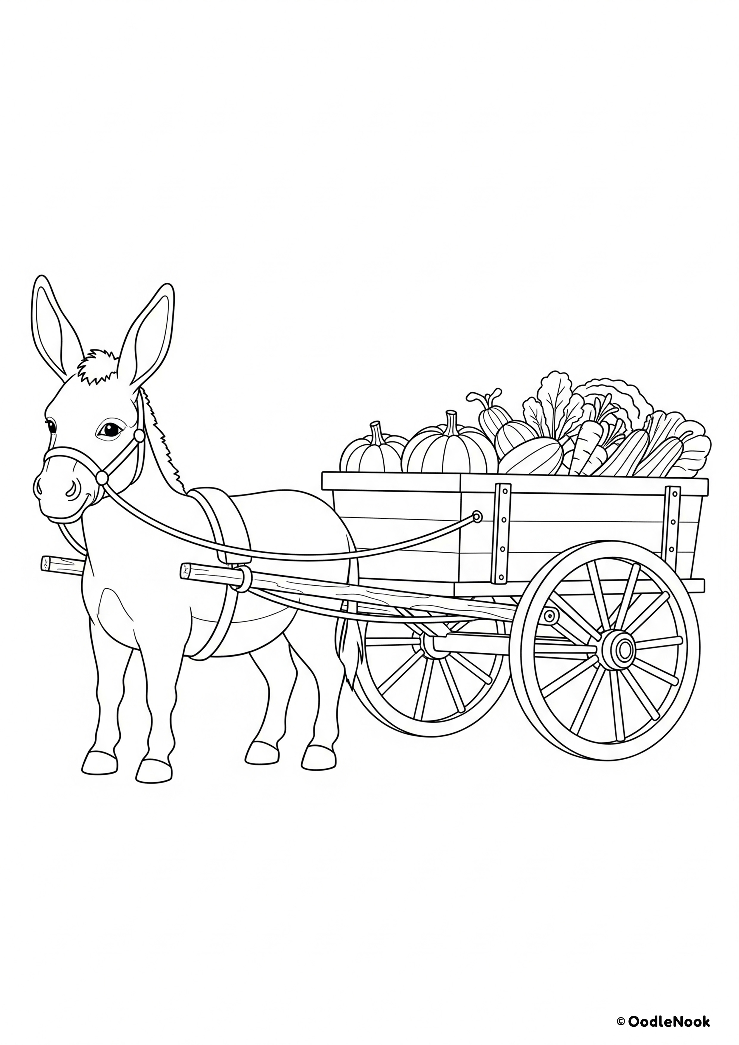 A coloring page of a donkey harnessed to a wooden cart filled with harvested vegetables.