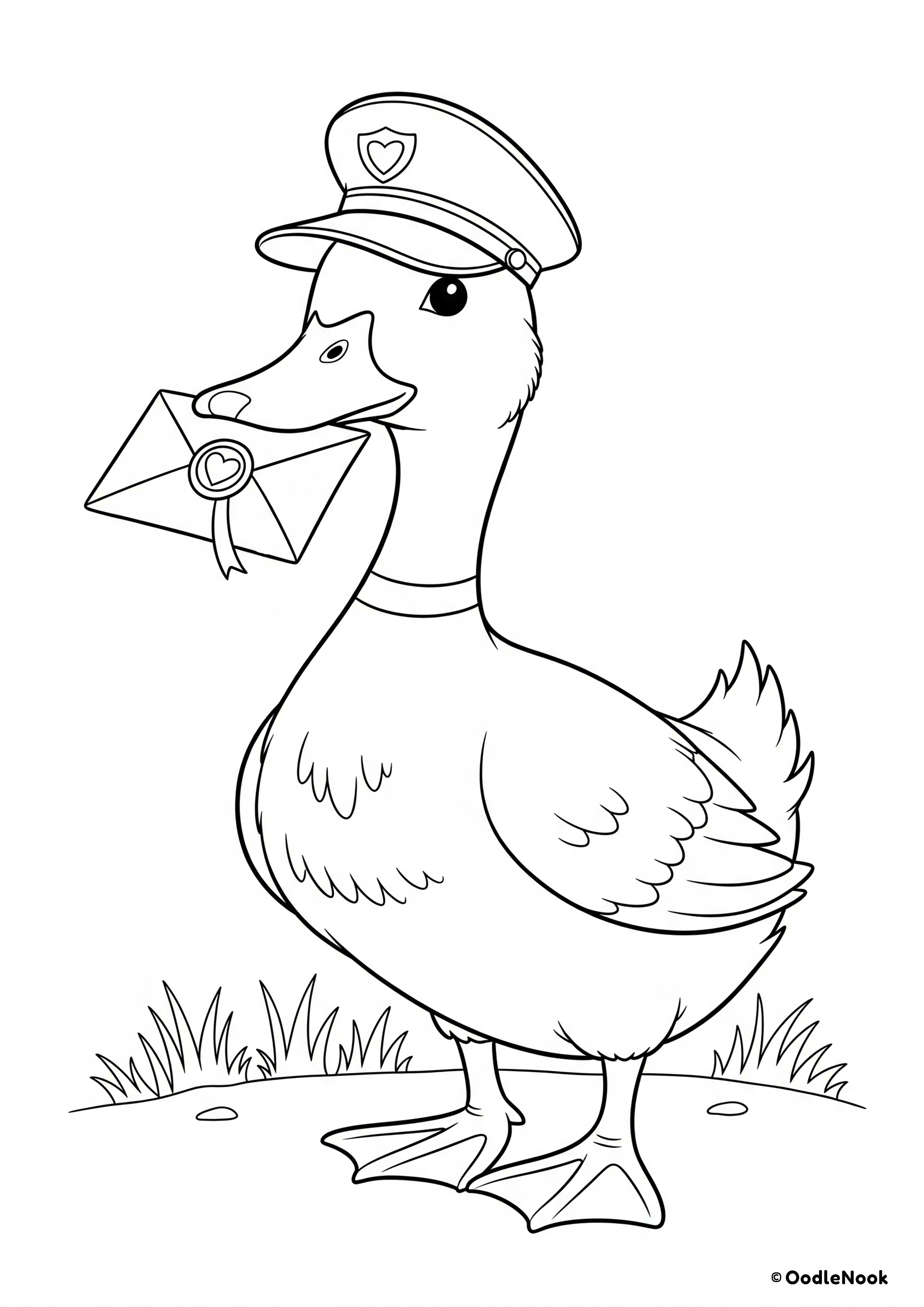 Coloring page of friendly duck mailman delivering mail with mailbag and letters - free printable A4 format