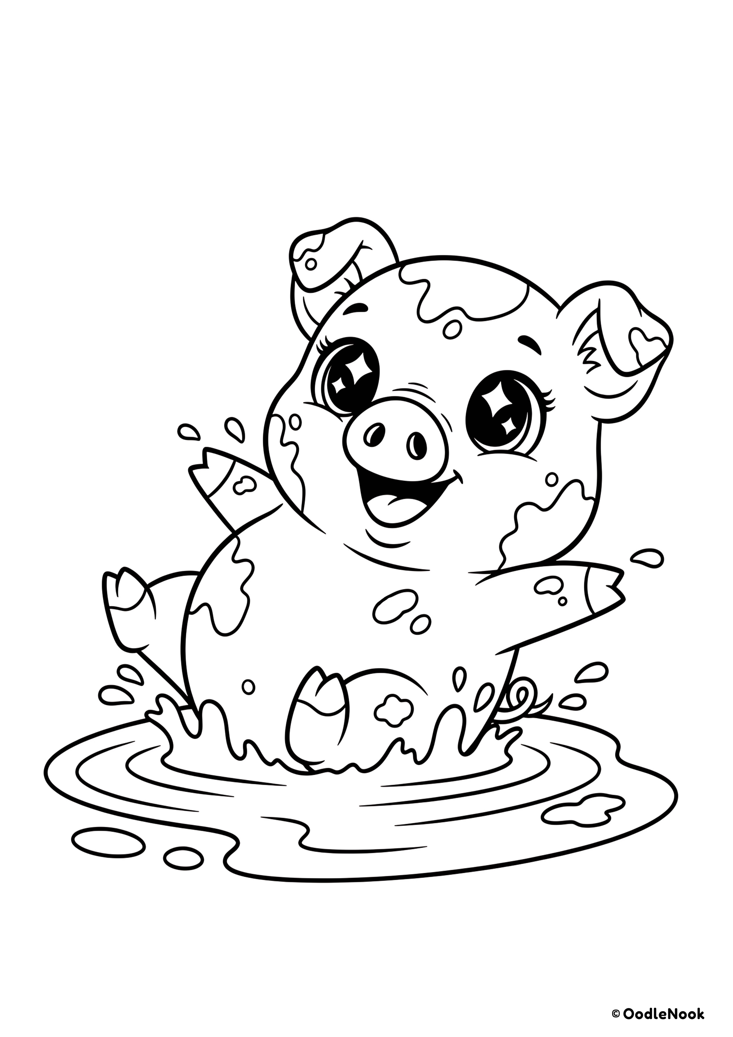 Coloring page of a cheerful kawaii piglet splashing in a muddy puddle - free printable A4 format