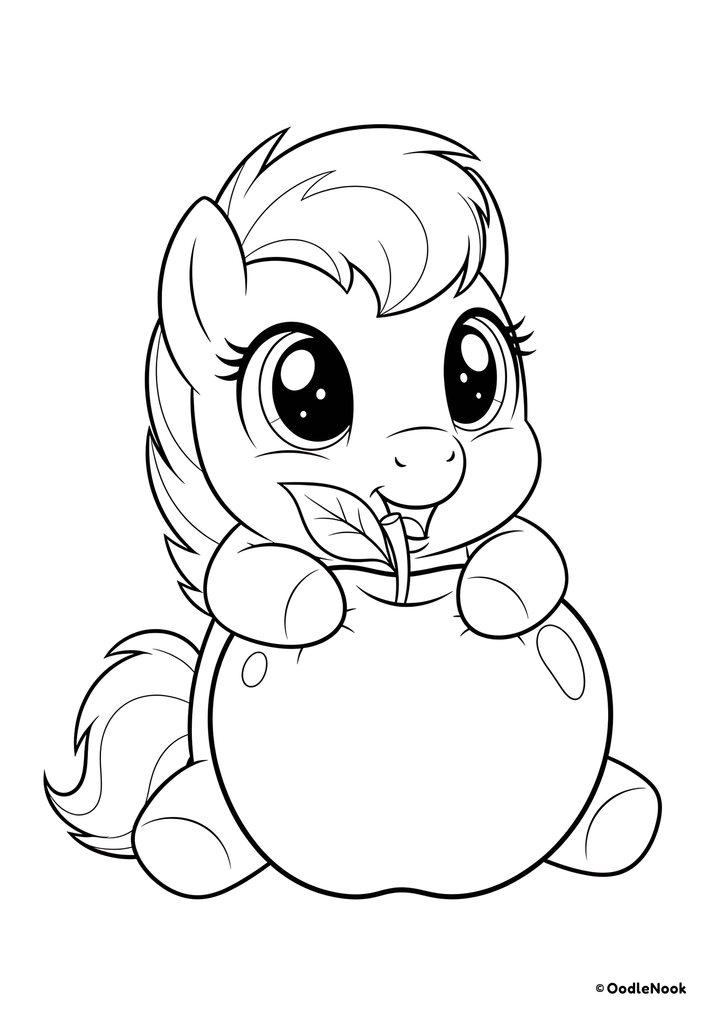 Line art of a small, cute kawaii pony sitting and biting a large apple - free printable A4 format