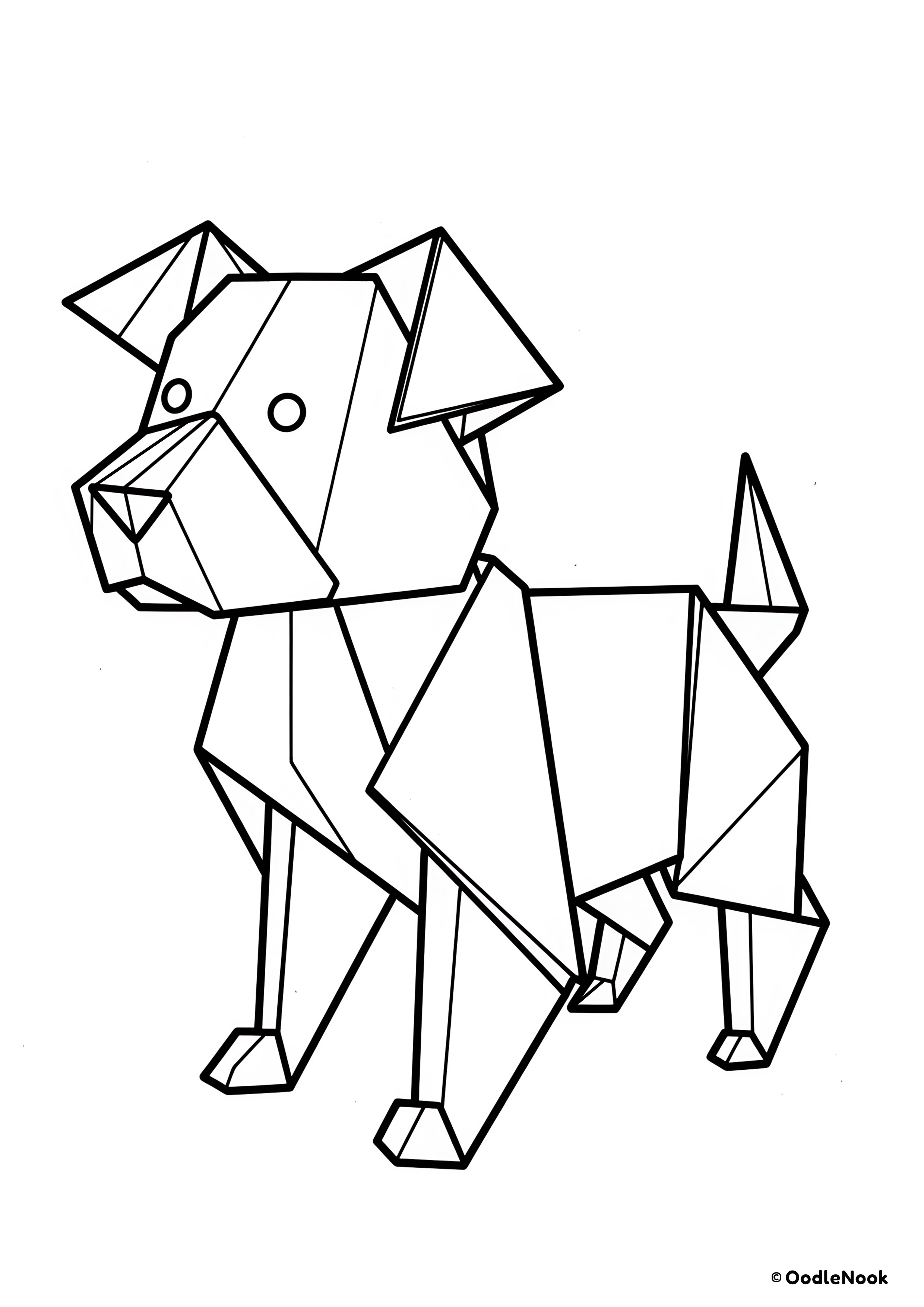 Coloring page of origami dog - geometric line art of a standing dog - free printable A4 format