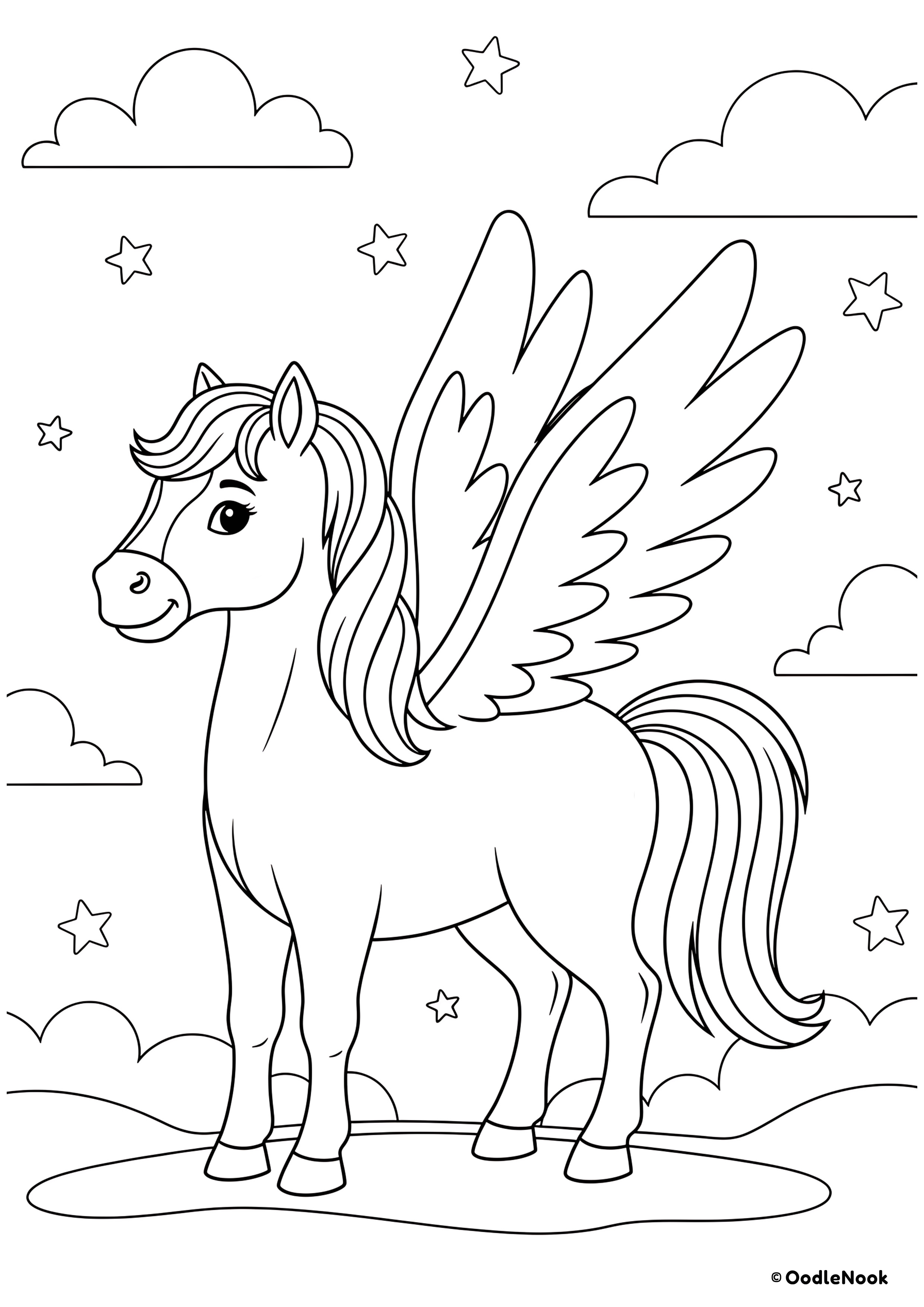 Coloring page of a cute pegasus standing among clouds and stars.