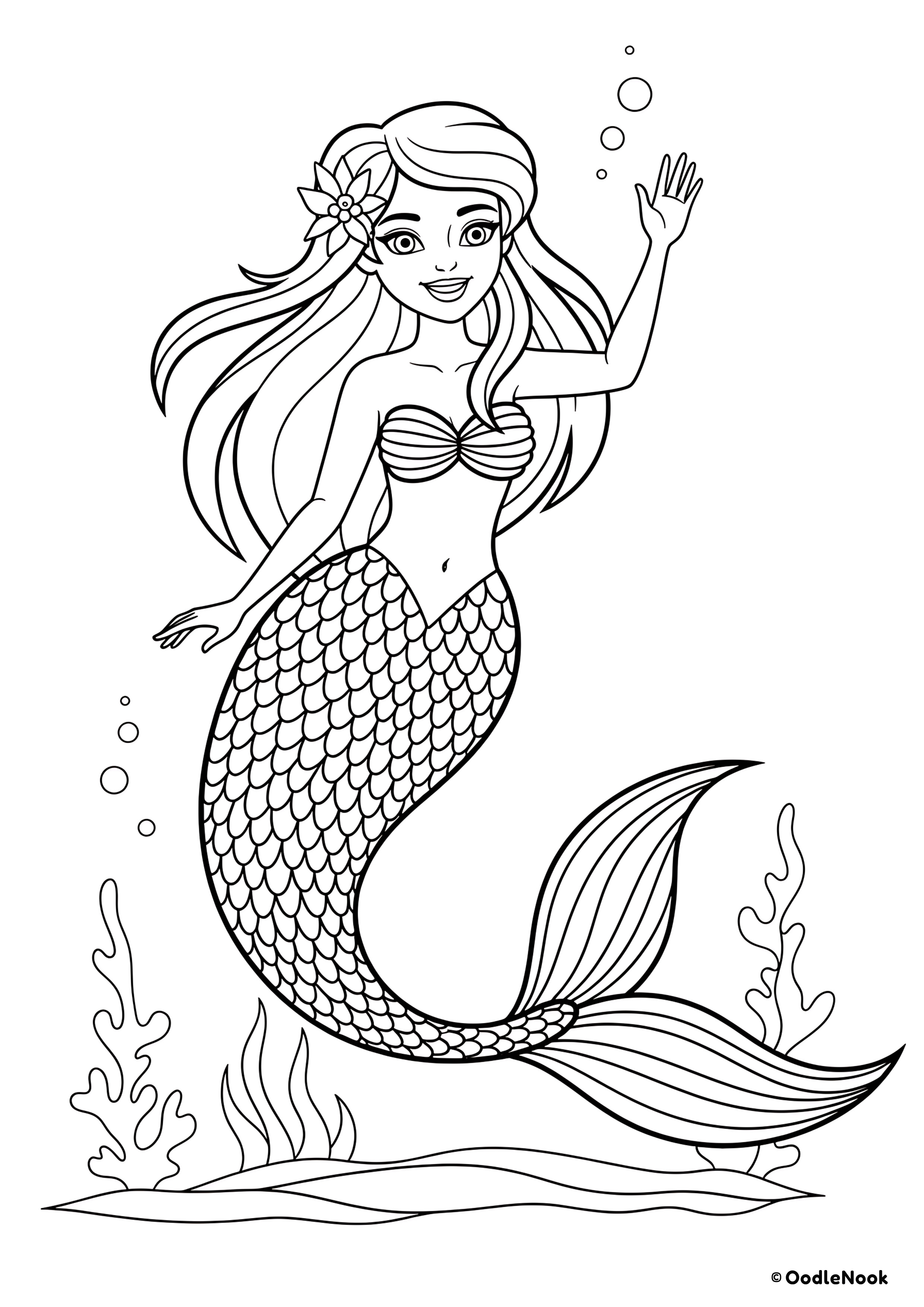 Coloring page featuring a smiling mermaid waving underwater with seaweed and bubbles.