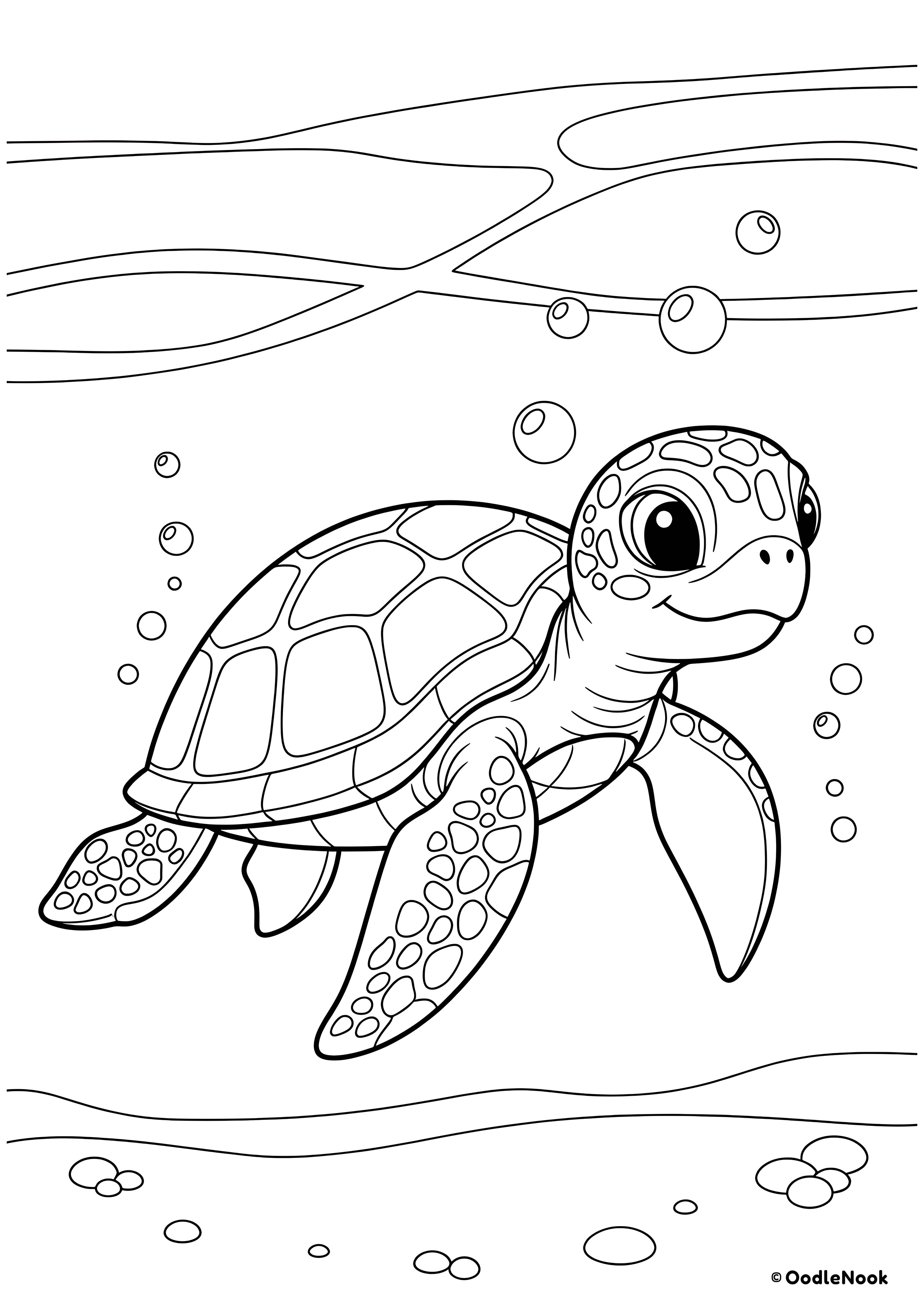 Coloring page of cute cartoon sea turtle swimming underwater with bubbles - free printable A4 format