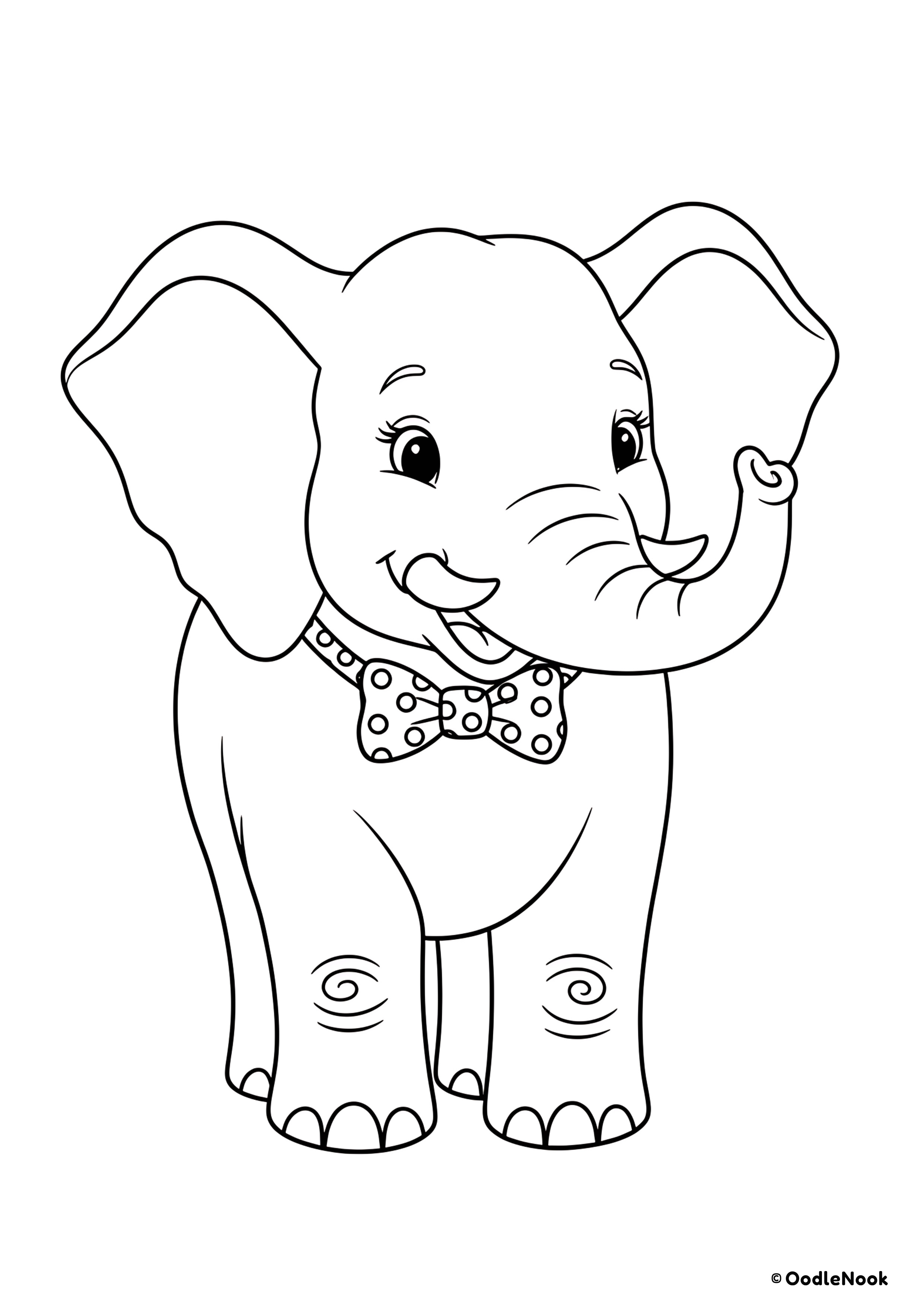 Cute baby elephant standing and wearing a polka-dot bowtie, coloring page.