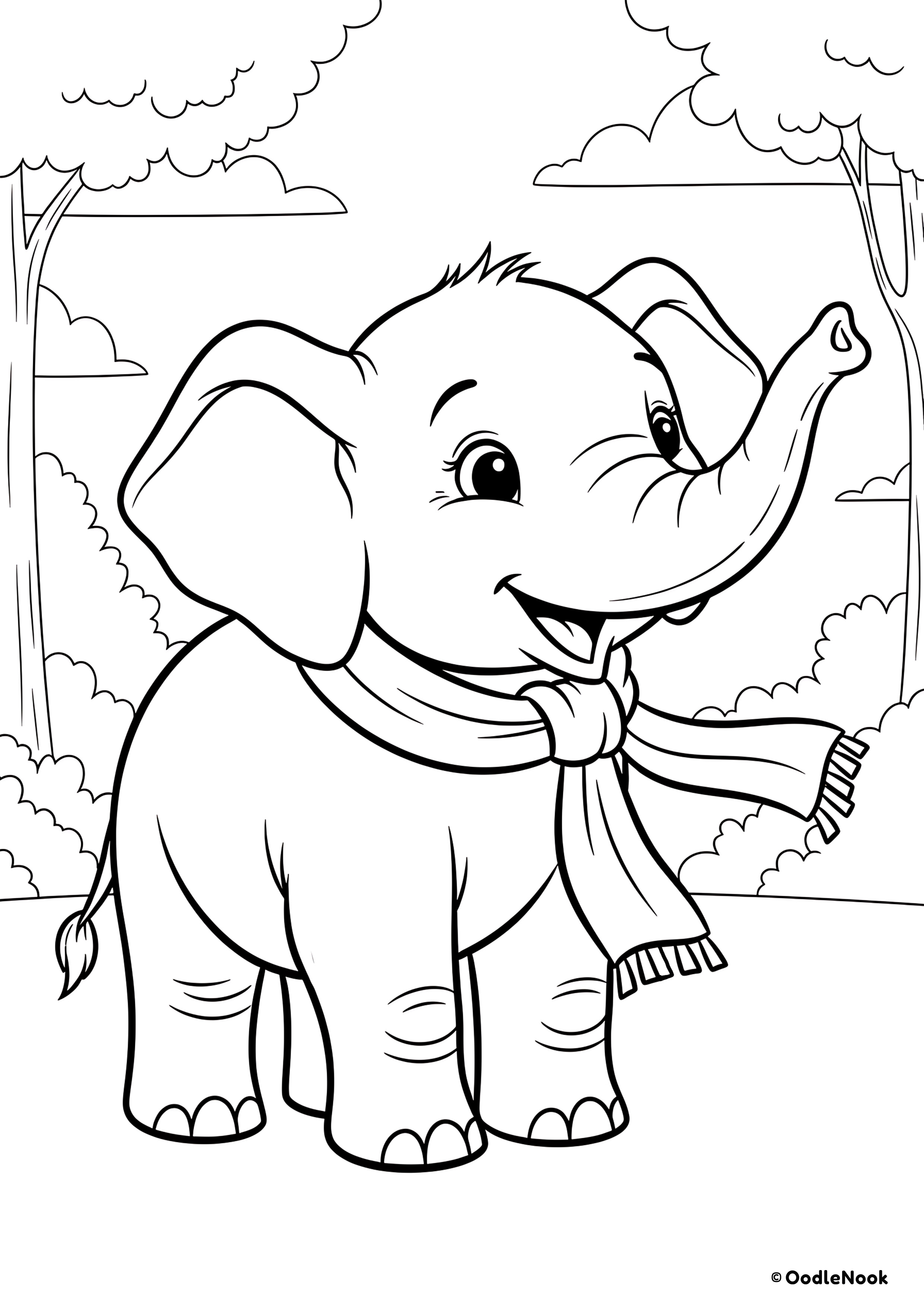 Baby elephant walking outdoors wearing a scarf, black and white illustration.
