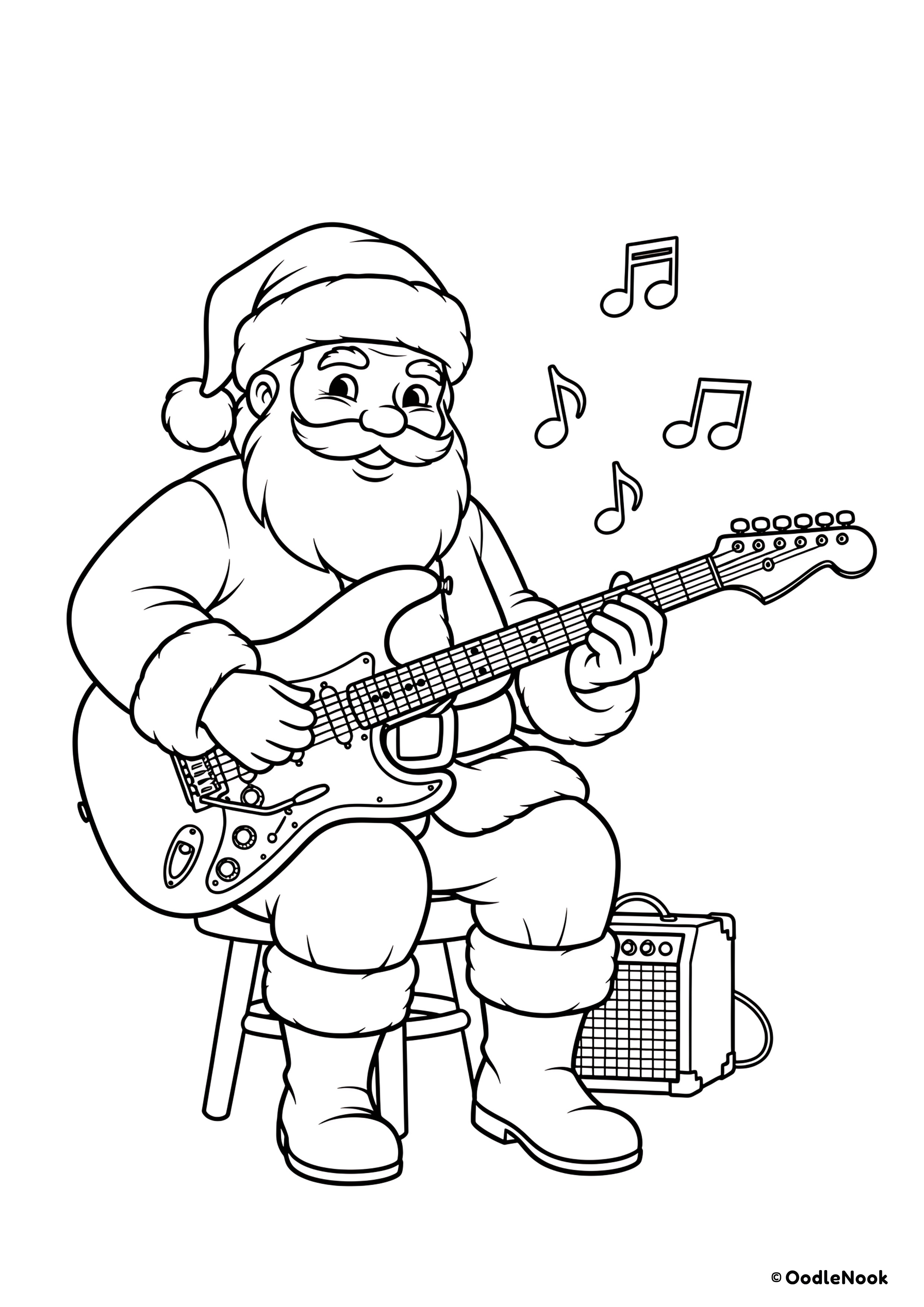 Coloring page of Santa playing electric guitar on a stool with amplifier - free printable A4 format