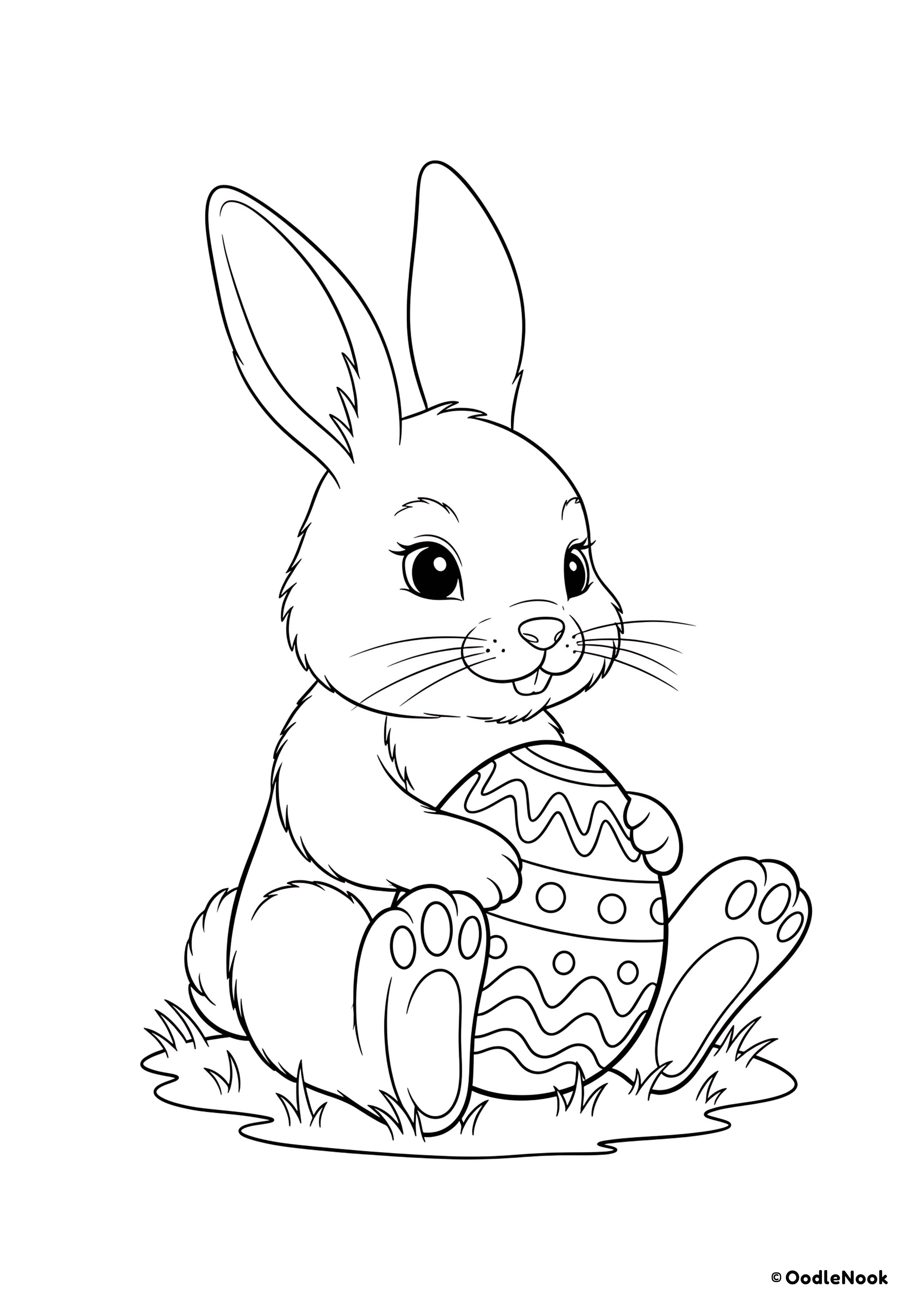 Coloring page of Easter bunny sitting in grass with egg - free printable A4 format