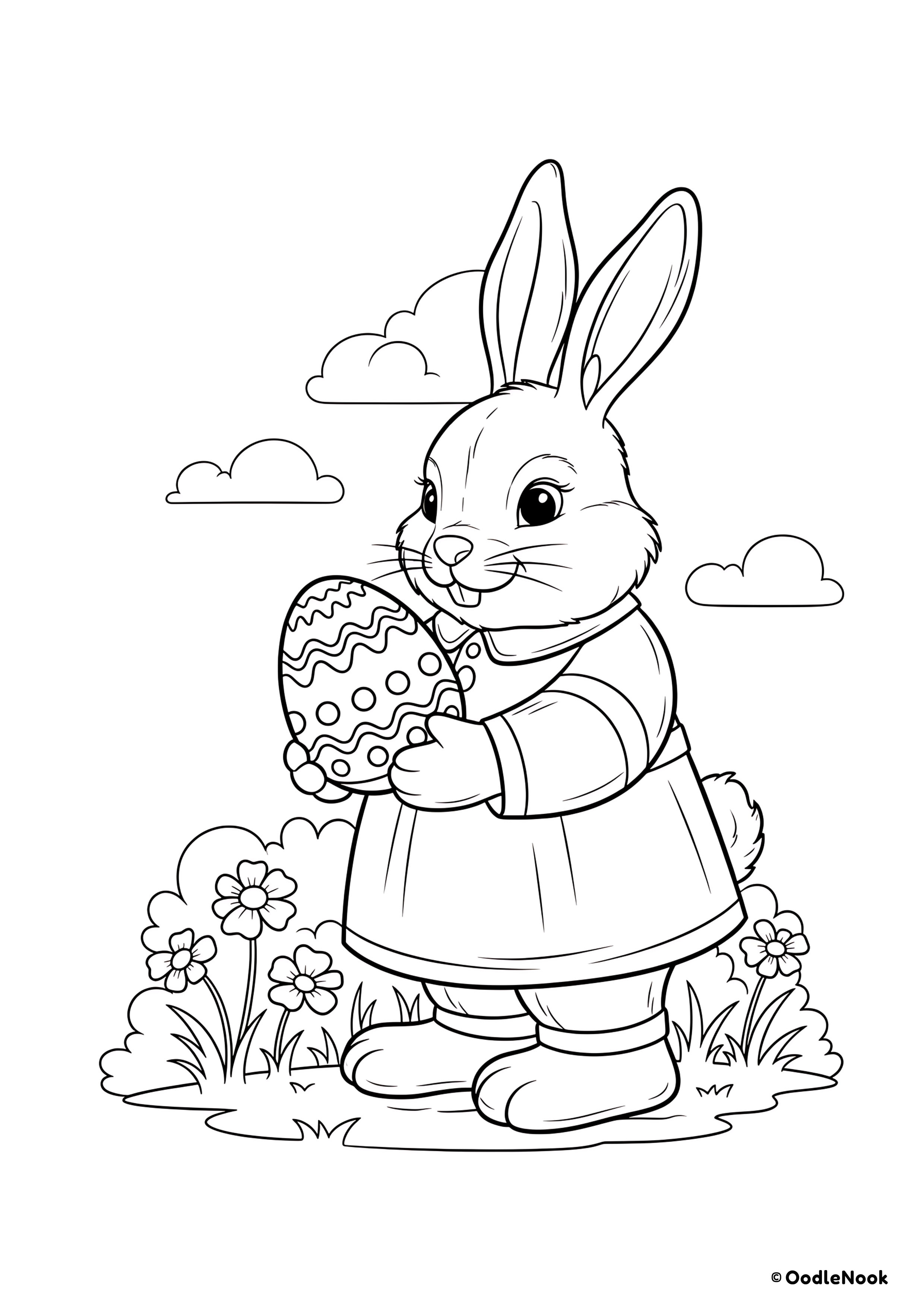 Coloring page of Easter bunny wearing dress in flower garden - free printable A4 format