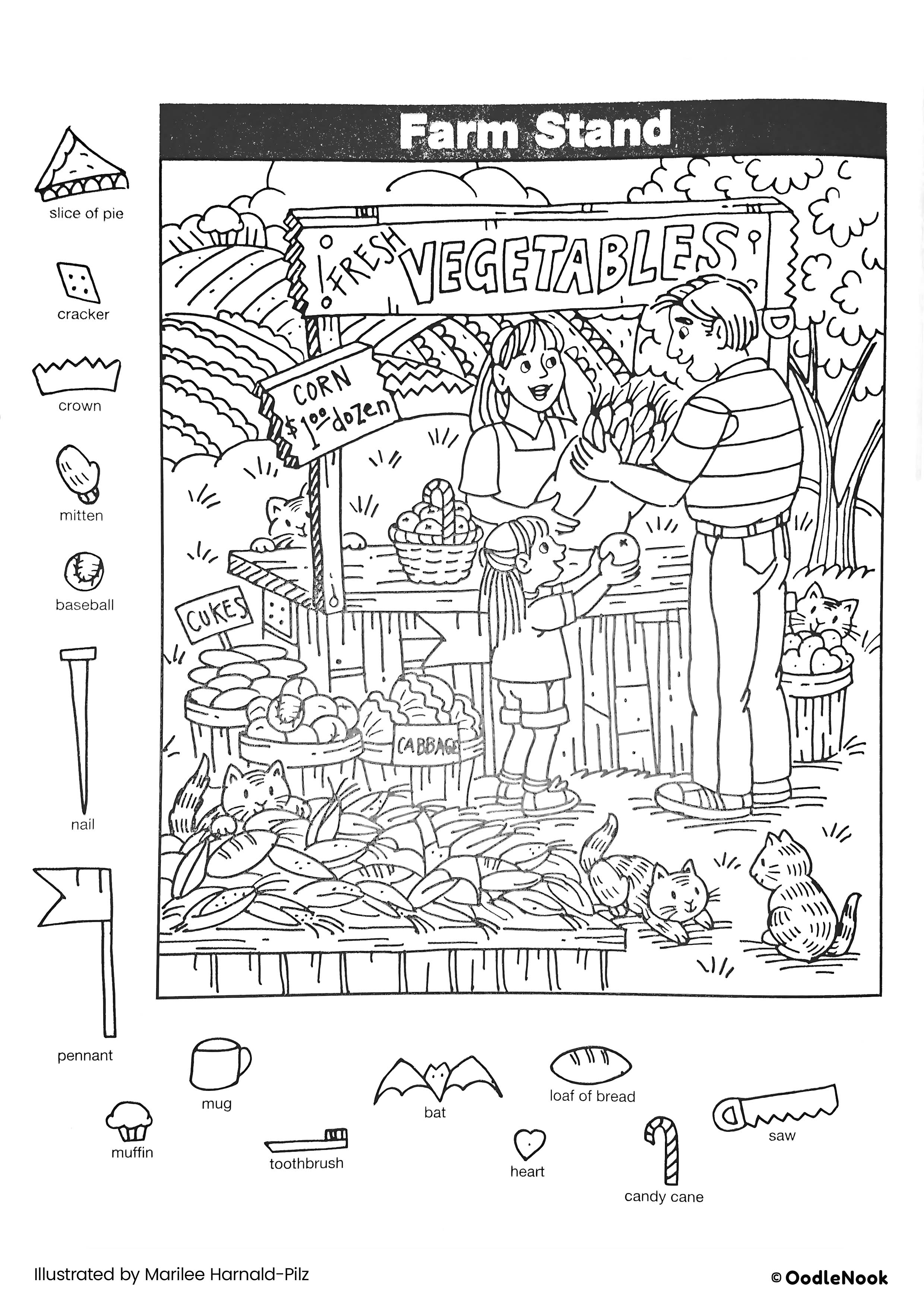 Farm Stand hidden object puzzle - free printable A4 format