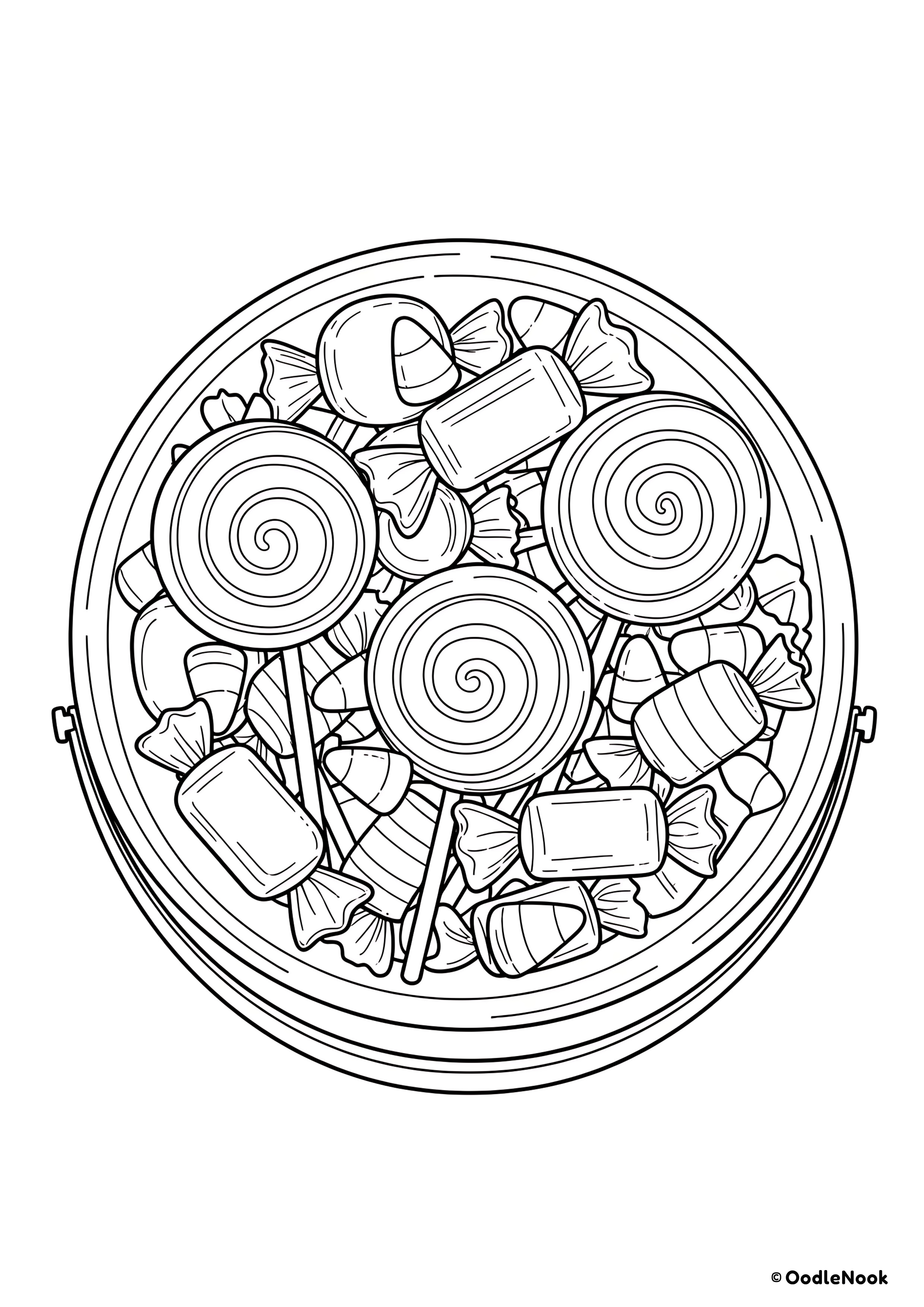 Coloring page of bucket full of Halloween candy - free printable A4 format